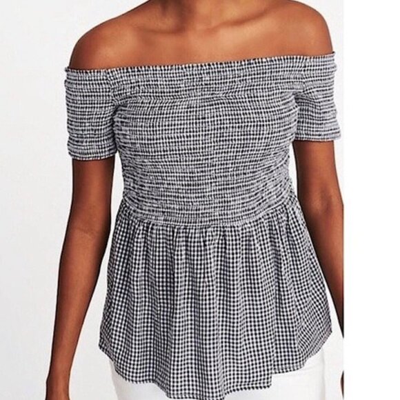Old Navy Button Off The Shoulder Smocked Blouse Peasant Top Blue Plaid Size XXL - Picture 1 of 7